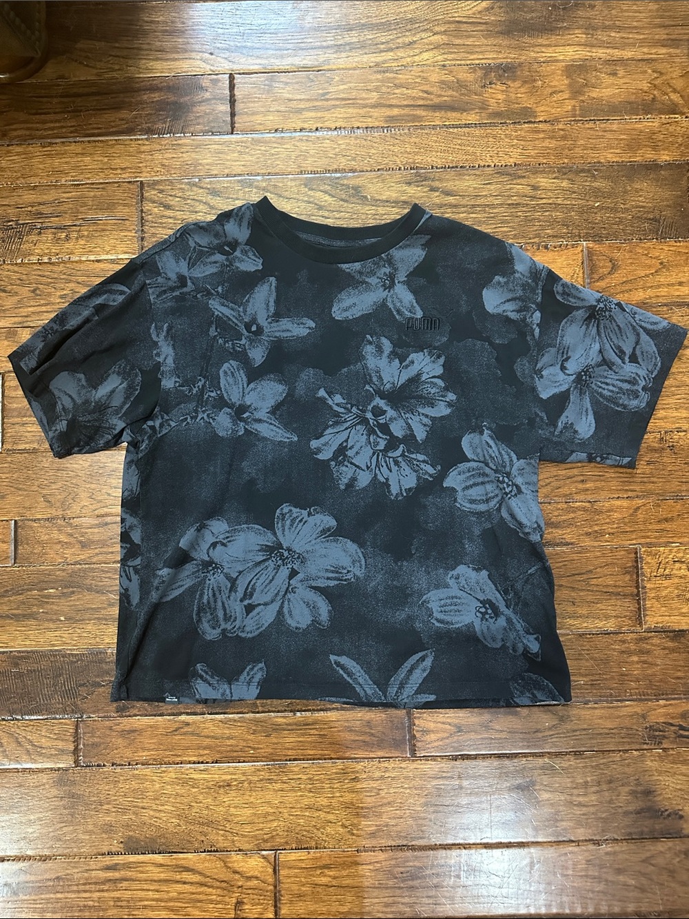 Puma Black Floral Short Sleeve Boxy Cropped Tee